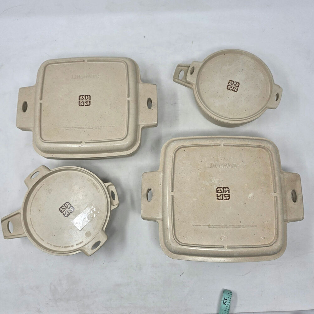 Vintage Littonware Microwave Cookware Set Beige Square Dish Round Bowl Lids